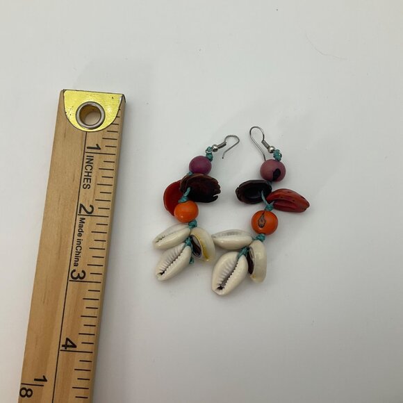 New Handmade Cowrie Shell Beaded Dangle Earrings Boho Coastal Handcrafted - Picture 3 of 4